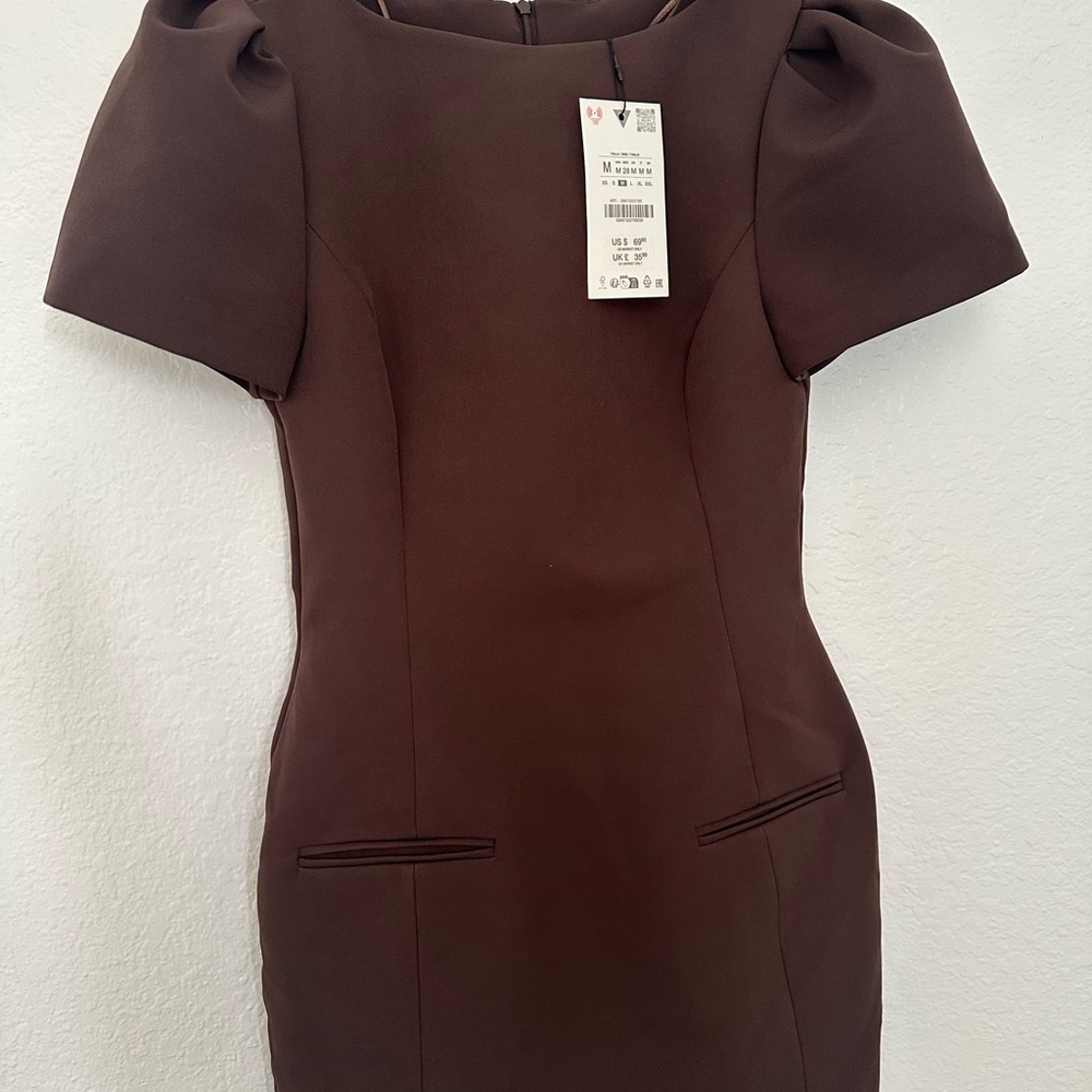 Zara Dark Brown Puff-Sleeve Mini Dress